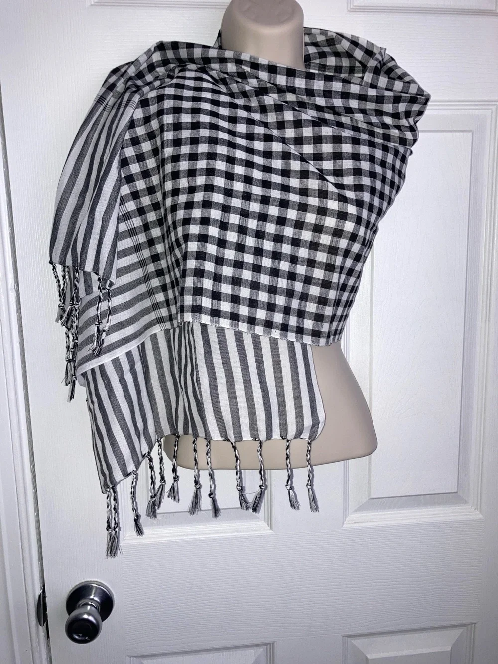 Krama Cambodian Scarf Black White Checkered Stripes Unisex 59 x 18 inches
